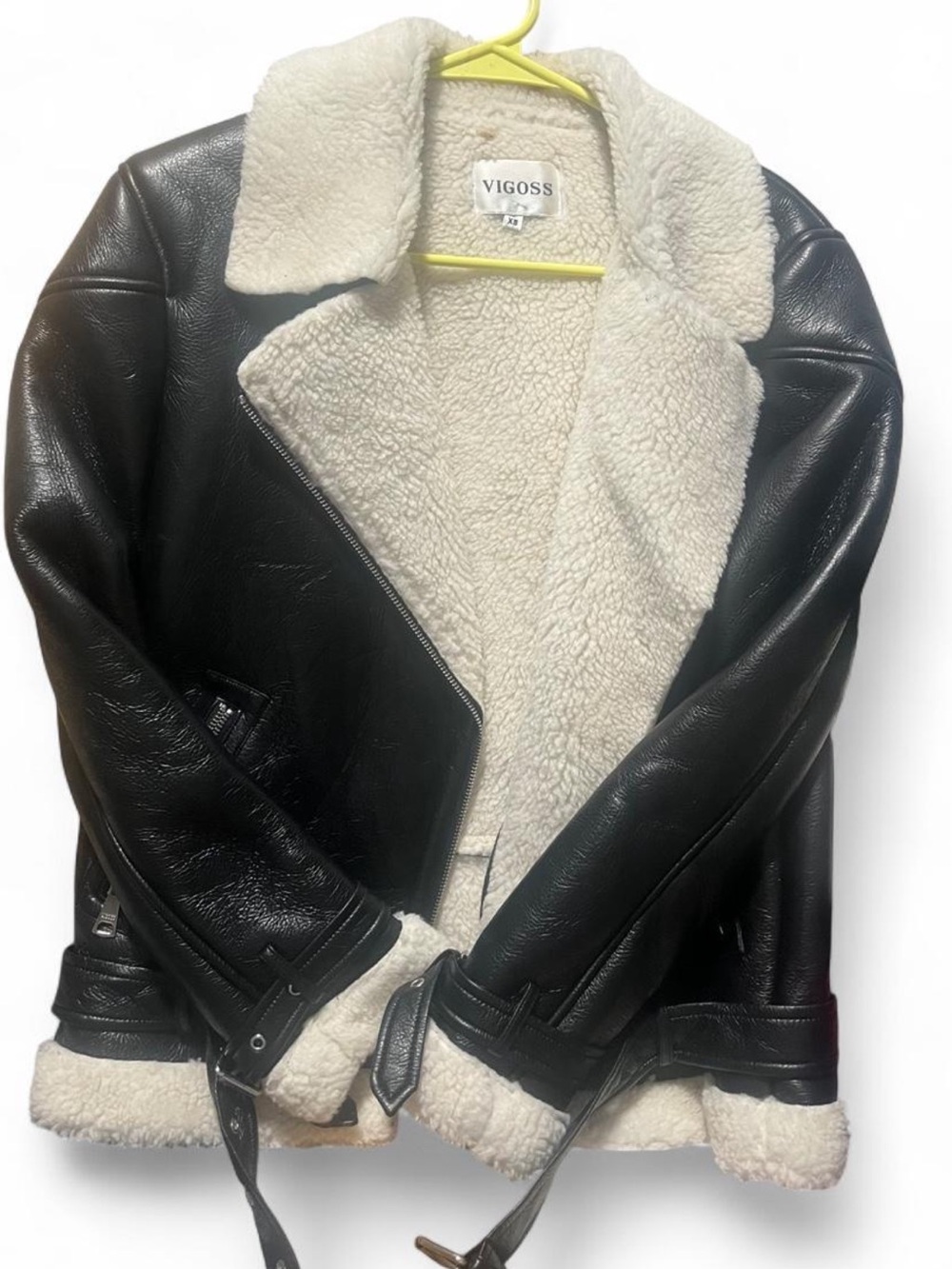 Vigoss Black Faux Leather Teddy Lined Moto Jacket with Cream Sherpa